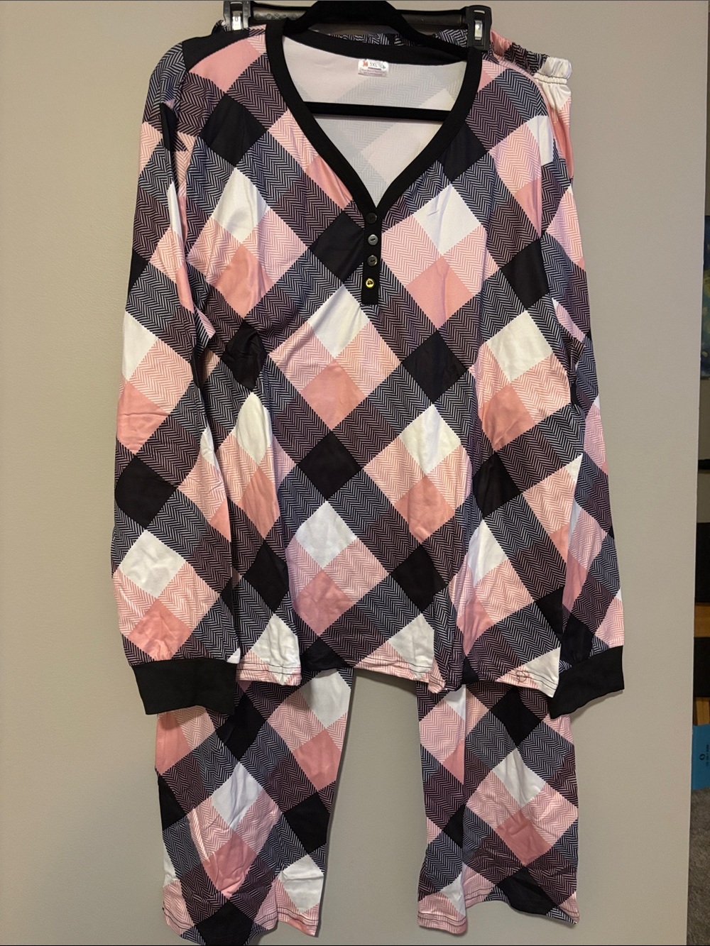 Women's Pink Plaid Long-Sleeve Pajama Set with Button Henley
